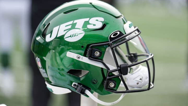 Aug 12, 2023; Charlotte, North Carolina, USA; New York Jets helmet during the second quarter against the Carolina Panthers at Bank of America Stadium. Mandatory Credit: Jim Dedmon-Imagn Images