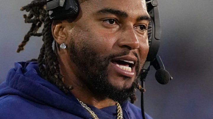 Delaware State head coach DeSean Jackson works in the first quarter of the Blue Hens' 35-17 win at Delaware Stadium, August 28, 2025.