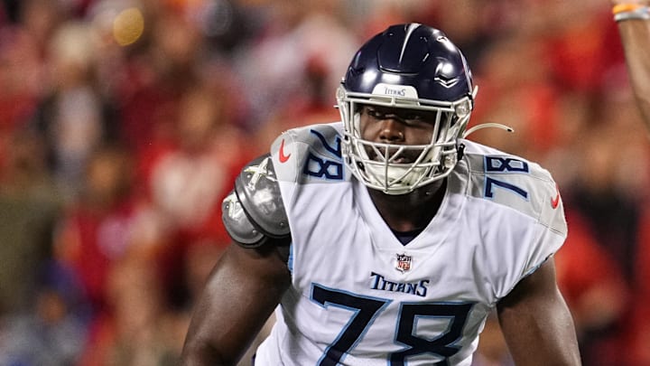 Nov 6, 2022; Kansas City, Missouri, USA; Tennessee Titans offensive tackle Nicholas Petit-Frere (78) looks to block as quarterback Malik Willis (7) throws a pass during the first half  against the Kansas City Chiefs at GEHA Field at Arrowhead Stadium. Mandatory Credit: Jay Biggerstaff-Imagn Images