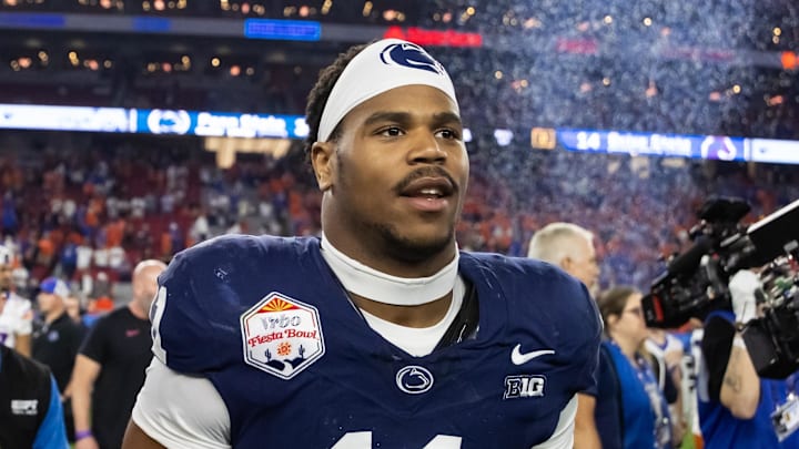 Dec 31, 2024; Glendale, AZ, USA; Penn State Nittany Lions defensive end Abdul Carter (11) after defeating the Boise State Broncos in the Fiesta Bowl at State Farm Stadium. Mandatory Credit: Mark J. Rebilas-Imagn Images Dec 31, 2024; Glendale, AZ, USA; Penn State Nittany Lions defensive end Abdul Carter (11) after defeating the Boise State Broncos in the Fiesta Bowl at State Farm Stadium. Mandatory Credit: Mark J. Rebilas-Imagn Images