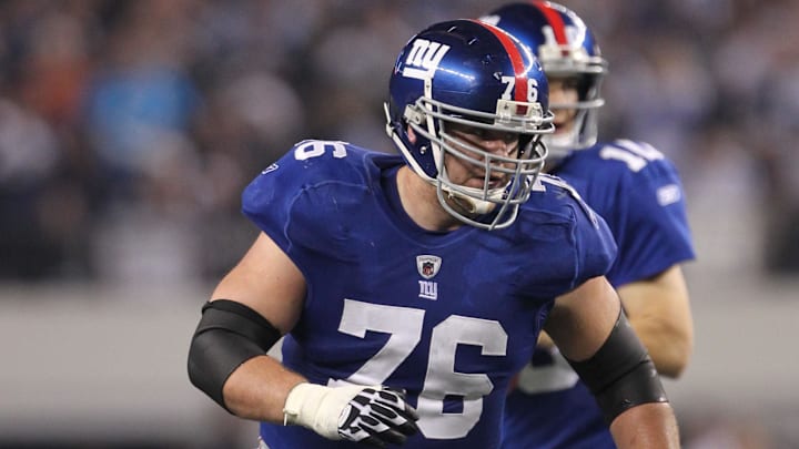Dec 11, 2011; Dallas, TX, USA; New York Giants guard Chris Snee (76) in action against the Dallas Cowboys at Cowboys Stadium. The Giants beat the Cowboys 37-34. Mandatory Credit: Matthew Emmons-Imagn Images