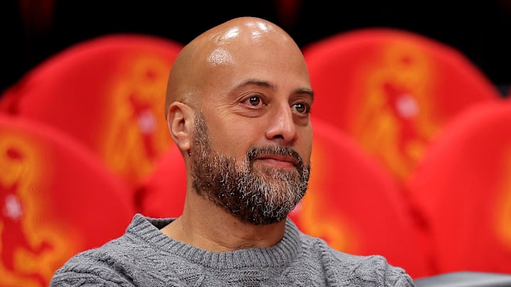 May 1, 2026; Houston, Texas, USA; Houston Rockets general manager Rafael Stone watches warm ups prior to game six of the first round of the 2026 NBA Playoffs against the Los Angeles Lakers at Toyota Center. Mandatory Credit: Erik Williams-Imagn Images