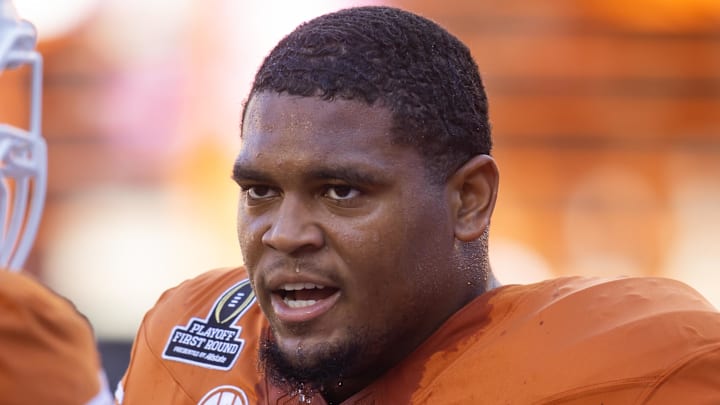 Dec 21, 2024; Austin, Texas, USA; Texas Longhorns offensive lineman Kelvin Banks Jr. (78) against the Clemson Tigers during the CFP National playoff first round at Darrell K Royal-Texas Memorial Stadium. Mandatory Credit: Mark J. Rebilas-Imagn Images Dec 21, 2024; Austin, Texas, USA; Texas Longhorns offensive lineman Kelvin Banks Jr. (78) against the Clemson Tigers during the CFP National playoff first round at Darrell K Royal-Texas Memorial Stadium. Mandatory Credit: Mark J. Rebilas-Imagn Images