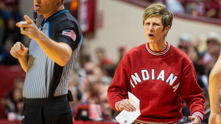 Indiana Head Coach Teri Moren disagrees with a call during the Indiana versus Maryland women's basketball game at Simon Skjodt Assembly Hall on Thursday, Feb. 27, 2025.