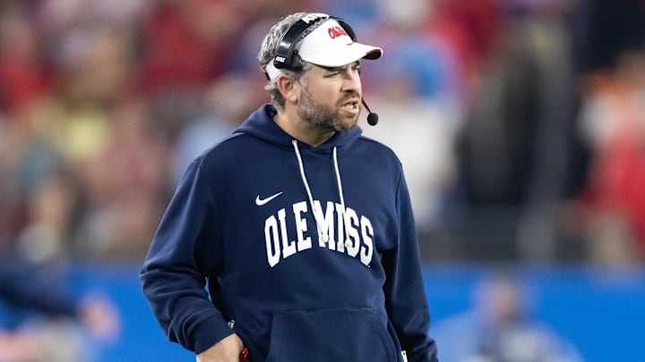 Jan 8, 2026; Glendale, AZ, USA; Mississippi Rebels head coach Pete Golding against the Miami Hurricanes during the 2026 Fiesta Bowl and semifinal game of the College Football Playoff at State Farm Stadium. Mandatory Credit: Mark J. Rebilas-Imagn Images
