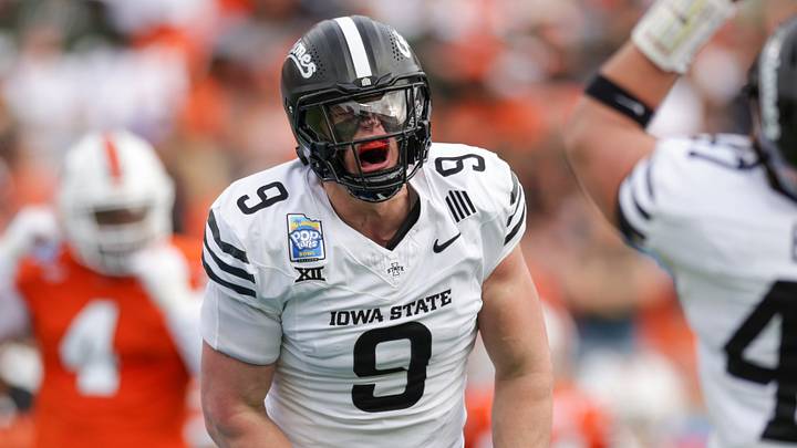 Dec 28, 2024; Orlando, FL, USA; Iowa State Cyclones linebacker Cael Brezina (9) celebrates after recovering a fumble against the Miami Hurricanes in the first quarter during the Pop Tarts bowl at Camping World Stadium. Mandatory Credit: Nathan Ray Seebeck-Imagn Images Dec 28, 2024; Orlando, FL, USA; Iowa State Cyclones linebacker Cael Brezina (9) celebrates after recovering a fumble against the Miami Hurricanes in the first quarter during the Pop Tarts bowl at Camping World Stadium. Mandatory Credit: Nathan Ray Seebeck-Imagn Images