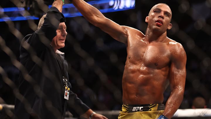 May 15, 2021; Houston, Texas, USA; Edson Barboza celebrates his TKO victory against Shane Burgos at