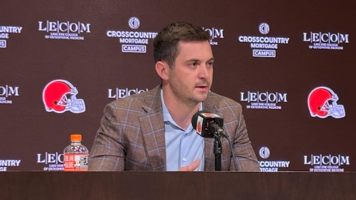 Tommy Rees speaks to reporters during his introductory news conference as Cleveland Browns offensive coordinator.
