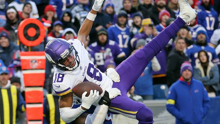 Vikings receiver Justin Jefferson goes up for a catch against Bills Cam Lewis. Jefferson had 10 catches for 193 yards. Vikings receiver Justin Jefferson goes up for a catch against Bills Cam Lewis. Jefferson had 10 catches for 193 yards.