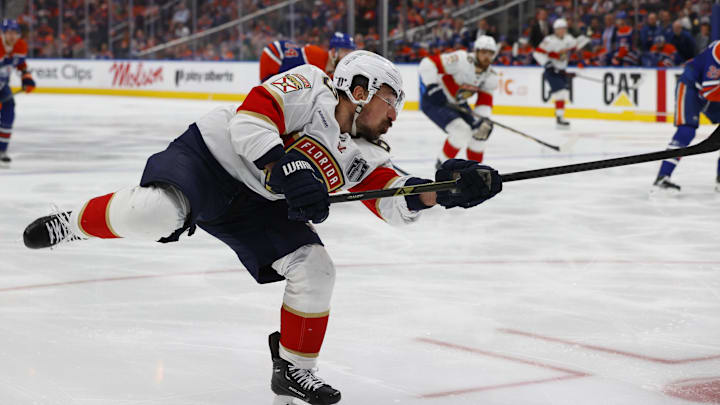 Jun 14, 2025; Edmonton, Alberta, CAN; Florida Panthers forward Brad Marchand (63) shoots the puck during the second period against the Edmonton Oilers in game five of the 2025 Stanley Cup Final at Rogers Place. Mandatory Credit: Perry Nelson-Imagn Images