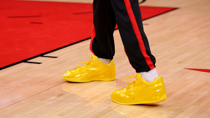 Mar 20, 2026; Houston, Texas, USA; A detail shot of sneakers worn by Houston Rockets forward Kevin Durant (7) prior to the game against the Atlanta Hawks at Toyota Center. Mandatory Credit: Erik Williams-Imagn Images Mar 20, 2026; Houston, Texas, USA; A detail shot of sneakers worn by Houston Rockets forward Kevin Durant (7) prior to the game against the Atlanta Hawks at Toyota Center. Mandatory Credit: Erik Williams-Imagn Images