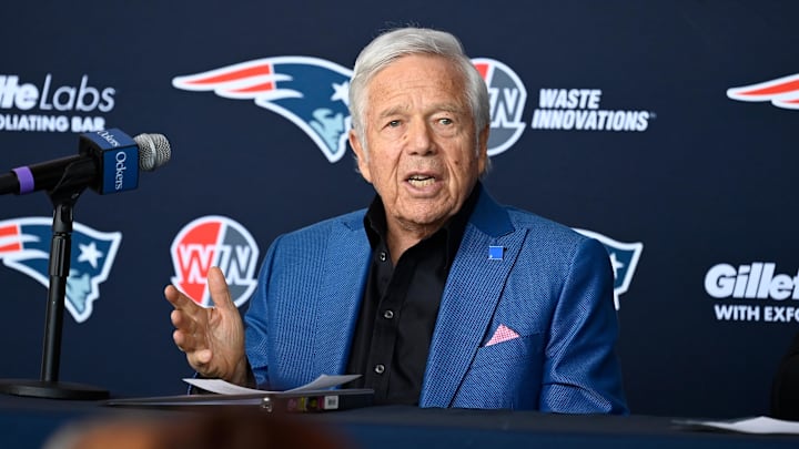 Jan 17, 2024; Foxborough, MA, USA; New England Patriots owner Robert Kraft addresses media