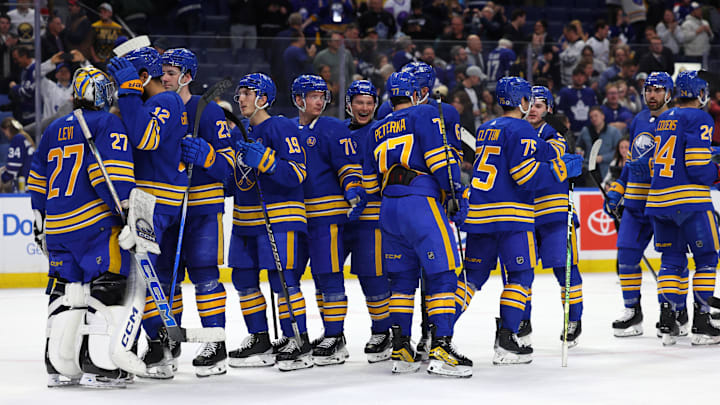 Dec 21, 2023; Buffalo, New York, USA;  The Buffalo Sabres celebrate a win over the Toronto Maple
