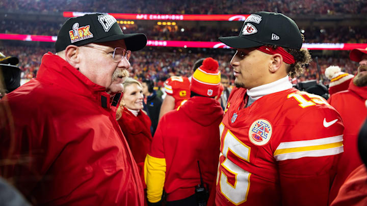 Jan 26, 2025; Kansas City, MO, USA; Kansas City Chiefs head coach Andy Reid (left) with quarterback Patrick Mahomes (15) after defeating the Buffalo Bills in the AFC Championship game at GEHA Field at Arrowhead Stadium. Mandatory Credit: Mark J. Rebilas-Imagn Images