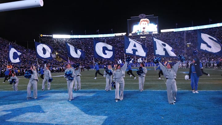 Nov 16, 2024; Provo, Utah, USA; The Brigham Young Cougars Cougarettes perform before the fourth quarter of the game against the Kansas Jayhawks at LaVell Edwards Stadium. Mandatory Credit: Rob Gray-Imagn Images Nov 16, 2024; Provo, Utah, USA; The Brigham Young Cougars Cougarettes perform before the fourth quarter of the game against the Kansas Jayhawks at LaVell Edwards Stadium. Mandatory Credit: Rob Gray-Imagn Images