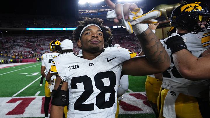 Oct 11, 2025; Madison, Wisconsin, USA; Iowa Hawkeyes running back Kamari Moulton (28) celebrates a win after the game against the Wisconsin Badgers at Camp Randall Stadium. Mandatory Credit: Ross Harried-Imagn Images Oct 11, 2025; Madison, Wisconsin, USA; Iowa Hawkeyes running back Kamari Moulton (28) celebrates a win after the game against the Wisconsin Badgers at Camp Randall Stadium. Mandatory Credit: Ross Harried-Imagn Images