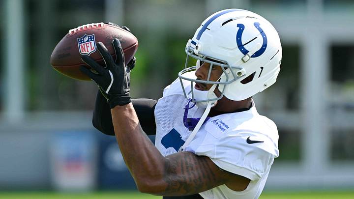 Indianapolis Colts wide receiver Josh Downs (2) catches a pass during training camp at Gillette Stadium.