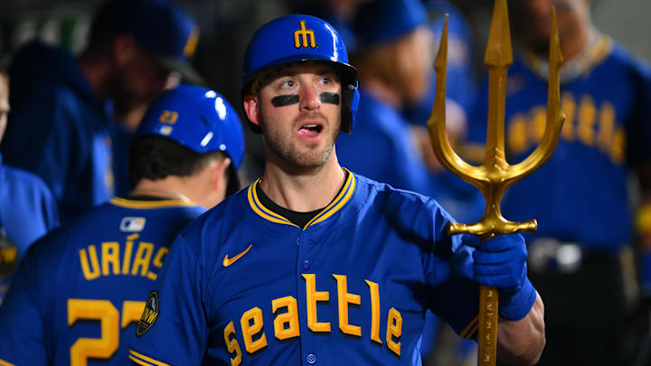 Seattle Mariners catcher Mitch Garver celebrates after hitting a home run against the Oakland Athletics on Sept. 27 at Oakland Coliseum. Seattle Mariners catcher Mitch Garver celebrates after hitting a home run against the Oakland Athletics on Sept. 27 at Oakland Coliseum.