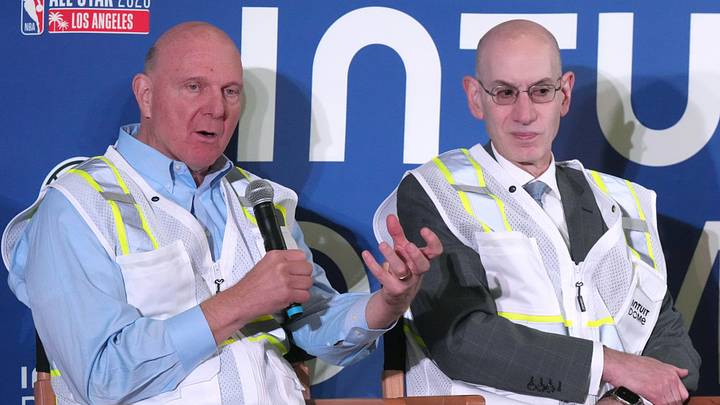 Jan 16, 2024; Inglewood, California, USA; LA Clippers owner Steve Ballmer (left) and NBA commissioner Adam Silver speak during a press conference to announce the Intuit Dome as the site of the 2026 NBA All-Star Game. Mandatory Credit: Kirby Lee-USA TODAY Sports