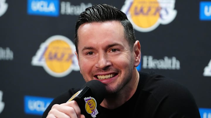 Mar 17, 2025; Los Angeles, California, USA; Los Angeles Lakers coach JJ Redick at press conference at the Crypto.com Arena.