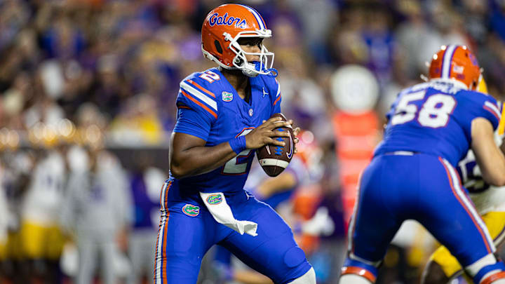 Nov 16, 2024; Gainesville, Florida, USA; Florida Gators quarterback DJ Lagway (2) looks to pass the ball against the LSU Tigers during the second half at Ben Hill Griffin Stadium. Mandatory Credit: Matt Pendleton-Imagn Images