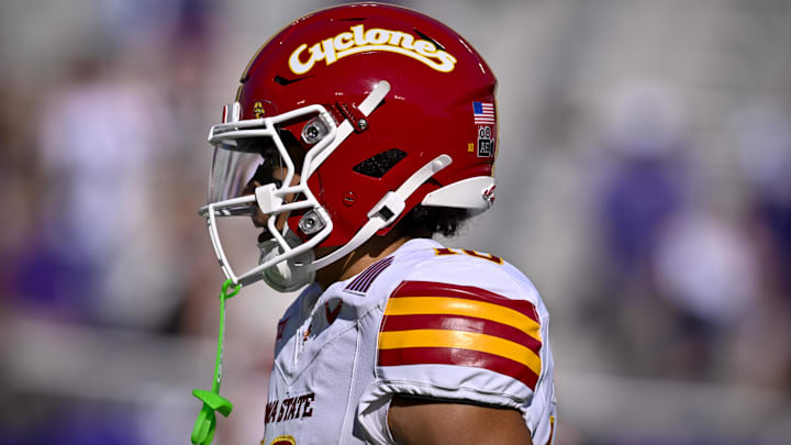 Nov 8, 2025; Fort Worth, Texas, USA; A view of the helmet of Iowa State Cyclones wide receiver Carson Brown (10) before the game against the TCU Horned Frogs at Amon G. Carter Stadium. Nov 8, 2025; Fort Worth, Texas, USA; A view of the helmet of Iowa State Cyclones wide receiver Carson Brown (10) before the game against the TCU Horned Frogs at Amon G. Carter Stadium.