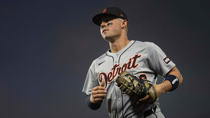 Detroit Tigers first baseman Spencer Torkelson (20) jogs towards the dugout against the Athletics before the start of the fourth inning at Sutter Health Park. Detroit Tigers first baseman Spencer Torkelson (20) jogs towards the dugout against the Athletics before the start of the fourth inning at Sutter Health Park.