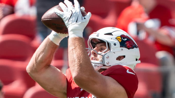 September 21, 2025; Santa Clara, California, USA; Arizona Cardinals tight end Tip Reiman (87) warms up before the game against the San Francisco 49ers at Levi's Stadium. Mandatory Credit: Kyle Terada-Imagn Images September 21, 2025; Santa Clara, California, USA; Arizona Cardinals tight end Tip Reiman (87) warms up before the game against the San Francisco 49ers at Levi's Stadium. Mandatory Credit: Kyle Terada-Imagn Images