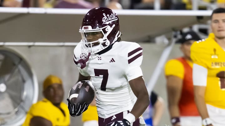 Sep 7, 2024; Tempe, Arizona, USA; Mississippi State Bulldogs wide receiver Mario Craver (7) against the Arizona State Sun Devils at Mountain America Stadium. Mandatory Credit: Mark J. Rebilas-Imagn Images