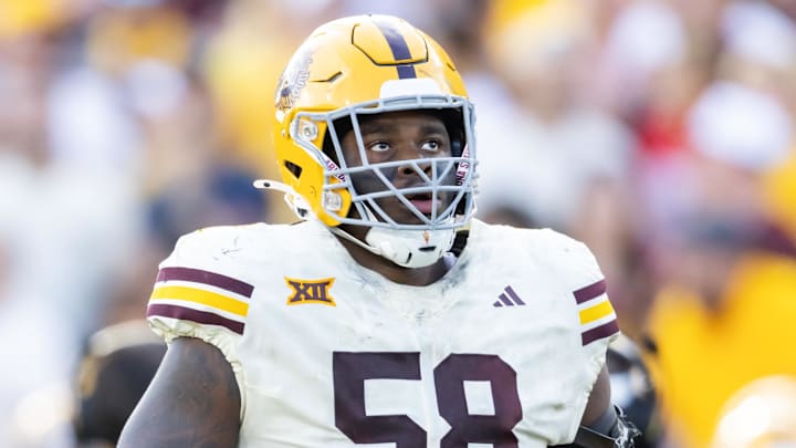 Oct 18, 2025; Tempe, Arizona, USA; Arizona State Sun Devils offensive lineman Max Iheanachor (58) against the Texas Tech Red Raiders at Mountain America Stadium. Mandatory Credit: Mark J. Rebilas-Imagn Images