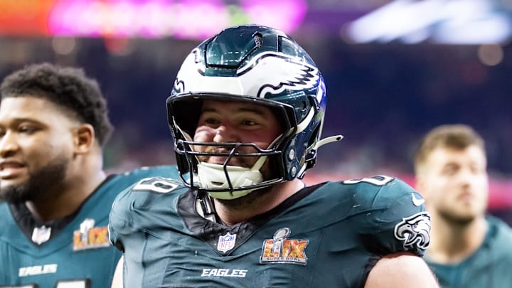 Feb 9, 2025; New Orleans, LA, USA; Philadelphia Eagles guard Landon Dickerson (69) against the Kansas City Chiefs during Super Bowl LIX at Ceasars Superdome. Feb 9, 2025; New Orleans, LA, USA; Philadelphia Eagles guard Landon Dickerson (69) against the Kansas City Chiefs during Super Bowl LIX at Ceasars Superdome.