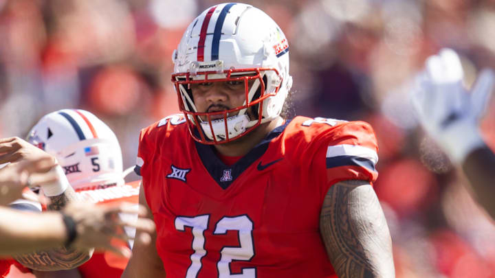 Oct 19, 2024; Tucson, Arizona, USA; Arizona Wildcats offensive lineman Wendell Moe Jr. (72) against the Colorado Buffalos at Arizona Stadium. Mandatory Credit: Mark J. Rebilas-Imagn Images
