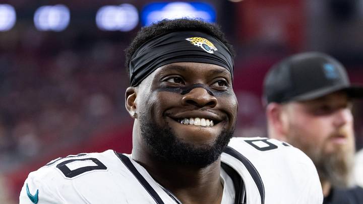 Nov 23, 2025; Glendale, Arizona, USA; Jacksonville Jaguars defensive lineman Emmanuel Ogbah (90) against the Arizona Cardinals at State Farm Stadium. Mandatory Credit: Mark J. Rebilas-Imagn Images