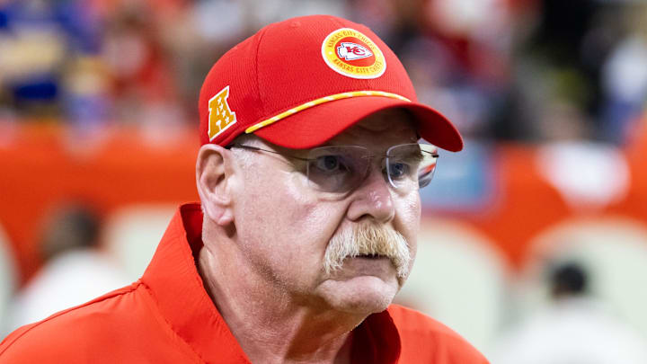 Feb 9, 2025; New Orleans, LA, USA;  Kansas City Chiefs head coach Andy Reid against the Philadelphia Eagles in Super Bowl LIX at Ceasars Superdome. Mandatory Credit: Mark J. Rebilas-Imagn Images