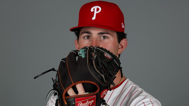 Feb 20, 2025; Clearwater, FL, USA; Philadelphia Phillies pitcher Andrew Painter (76) participates in media day at BayCare Ballpark. 