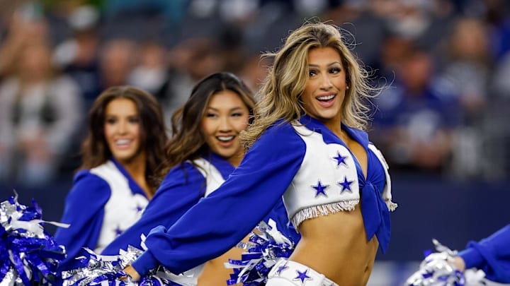 Nov 28, 2024; Arlington, Texas, USA; The Dallas Cowboys Cheerleaders perform prior to the game against the New York Giants at AT&T Stadium. Nov 28, 2024; Arlington, Texas, USA; The Dallas Cowboys Cheerleaders perform prior to the game against the New York Giants at AT&T Stadium.