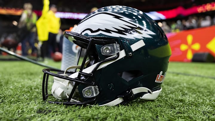 Feb 9, 2025; New Orleans, LA, USA; Detailed view of a Philadelphia Eagles helmet during Super Bowl LIX at Ceasars Superdome. Mandatory Credit: Mark J. Rebilas-Imagn Images