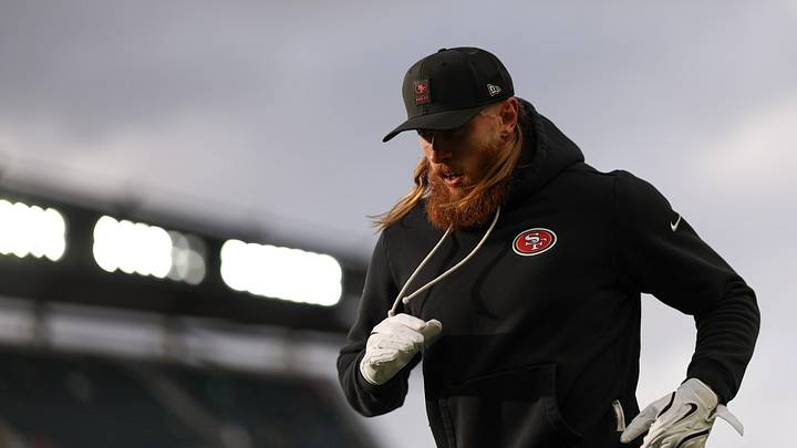 Jan 11, 2026; Philadelphia, PA, USA; San Francisco 49ers tight end George Kittle (85) warms up prior to an NFC Wild Card Round game against the Philadelphia Eagles at Lincoln Financial Field. Mandatory Credit: Bill Streicher-Imagn Images