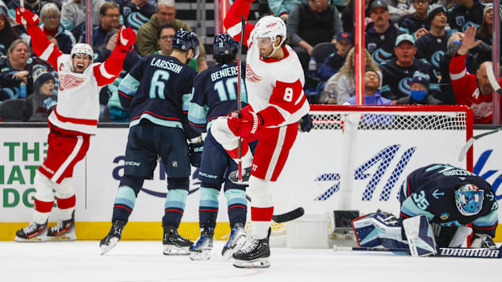 Feb 19, 2024; Seattle, Washington, USA; Detroit Red Wings defenseman Ben Chiarot (8) celebrates