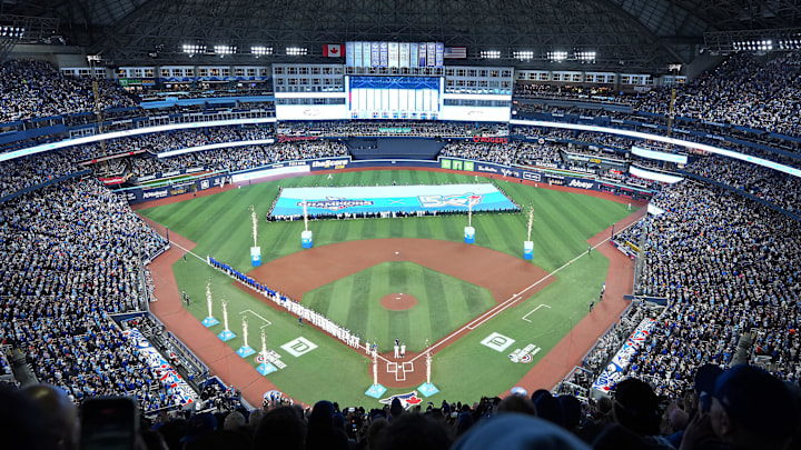 Mar 27, 2026; Toronto, Ontario, CAN; The Toronto Blue Jays present the American League Championship banner before the Opening Day game against the Athletics at Rogers Centre. Mandatory Credit: Nick Turchiaro-Imagn Images