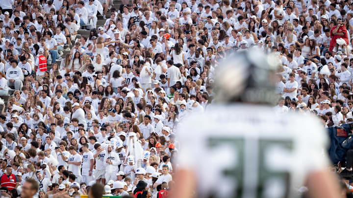 Fans pack the stands as Oregon kicker Atticus Sappington warms up as the Oregon Ducks face the Penn State Nittany Lions on Sept. 27, 2025, at Beaver Stadium in University Park, Pennsylvania.