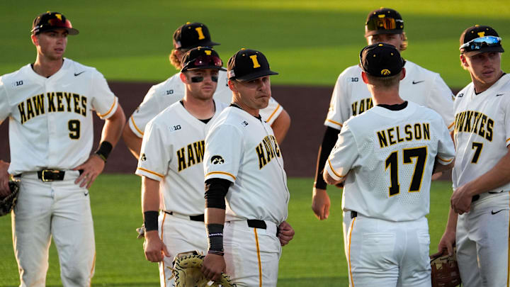 Iowa’s baseball team huddles during a Big Ten conference baseball game against Oregon May 15, 2025 at Duane Banks Field in Iowa City, Iowa.