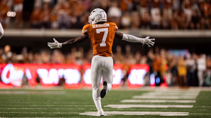 Texas Longhorns cornerback Jahdae Barron (7) celebrates an interception in the first quarter against the Georgia Bulldogs.