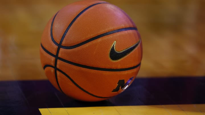 Mar 10, 2024; Ann Arbor, Michigan, USA;  Basketball site on the court during a time out in the second half between the Michigan Wolverines and the Nebraska Cornhuskers at Crisler Center. Mandatory Credit: Rick Osentoski-USA TODAY Sports