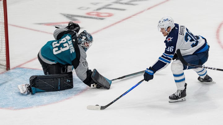 Morgan Barron (36) shoots on San Jose Sharks goaltender Alex Nedeljkovic (33) during the third period at the SAP Center at San Jose. Morgan Barron (36) shoots on San Jose Sharks goaltender Alex Nedeljkovic (33) during the third period at the SAP Center at San Jose.