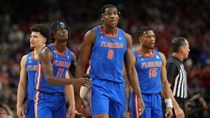 Apr 7, 2025; San Antonio, TX, USA; Florida Gators guard Denzel Aberdeen (11) and center Rueben Chinyelu (9) react after a play against the Houston Cougars during the second half of the national championship game of the Final Four of the 2025 NCAA Tournament at the Alamodome. Mandatory Credit: Bob Donnan-Imagn Images