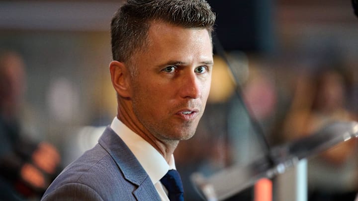 Oct 1, 2024; San Francisco, CA, USA; San Francisco Giants president of baseball operations Buster Posey speaks with the media after an introductory press conference at Oracle Park.  