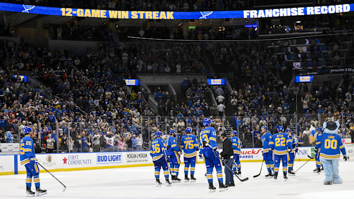 Apr 5, 2025; St. Louis, Missouri, USA;  St. Louis Blues salute their fans and celebrate after the Blues won their franchise record 12th straight win after a victory over the Colorado Avalanche at Enterprise Center. Mandatory Credit: Jeff Curry-Imagn Images