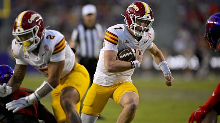 Nov 8, 2025; Fort Worth, Texas, USA; Iowa State Cyclones quarterback Alex Manske (7) runs with the ball against the TCU Horned Frogs during the second half at Amon G. Carter Stadium.