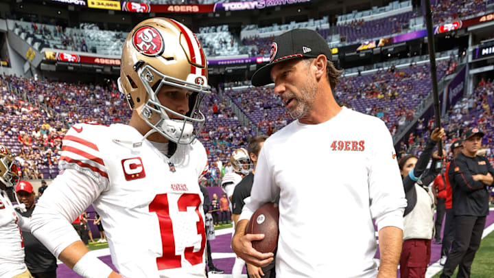 San Francisco 49ers quarterback Brock Purdy (L) and head coach Kyle Shanahan (R)